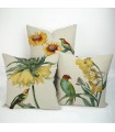 Three flower and birds printed linen cover pillow