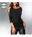 Stitching Hollow Out chain black blouse