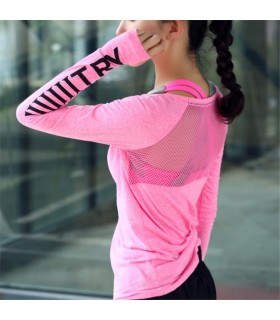 Camicetta rosa asciutta a maniche corte per fitness trasparente da donna sportiva