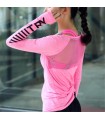 Les femmes sport transparent fitness à manches longues blouse rose sèche rapide