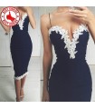 Dark blue V-neck dress embellished with white lace